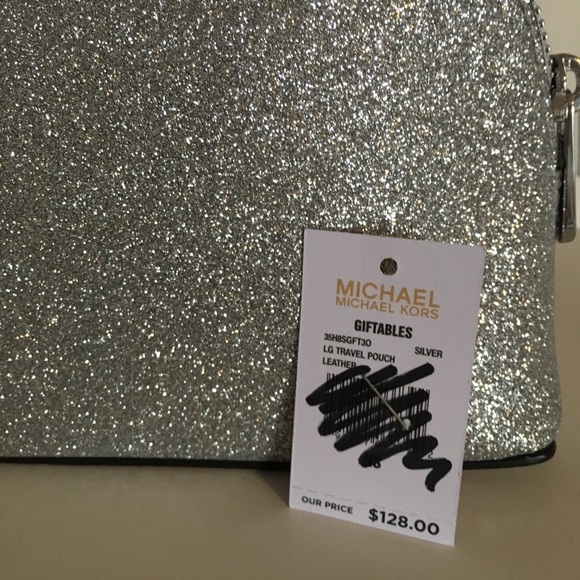 Michael Kors Travel Bag Silver Sparkle Leather New - Picture 5 of 8